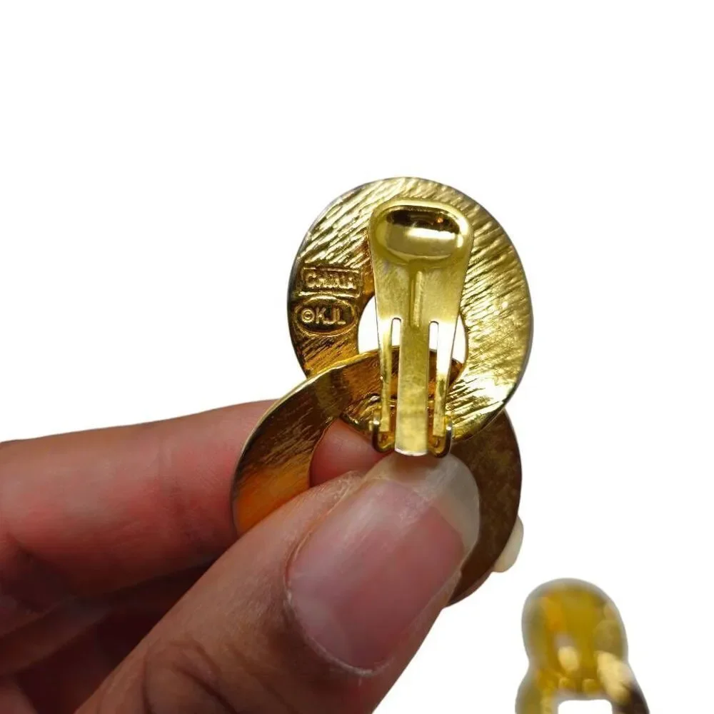 Vintage KJL Gold-Tone Textured Double Circle Clip-On Earrings | Boho Style | 2" - Picture 8 of 9